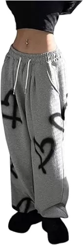 Women's Graphic Heart Print Wide Leg Pants Baggy Drawstring Long Trousers