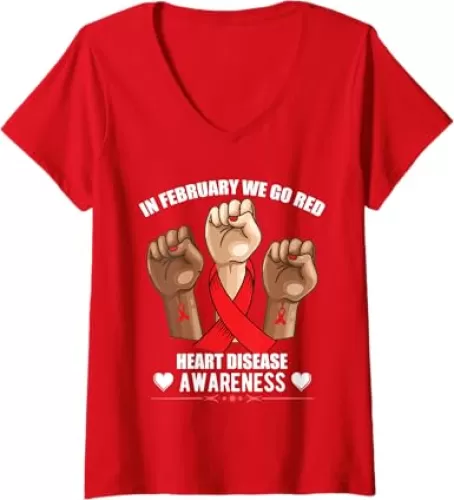Womens In February We Go Red Heart Disease Awareness American V-Neck T-Shirt