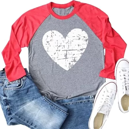 Womens Love Heart Raglans T-Shirts Casual Long Sleeve Valentine