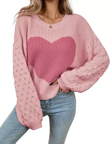 Womens Oversized Cute Heart Sweater Spring 2025 Lightweight Crewneck Cable Knit Sleeve Pullover Top