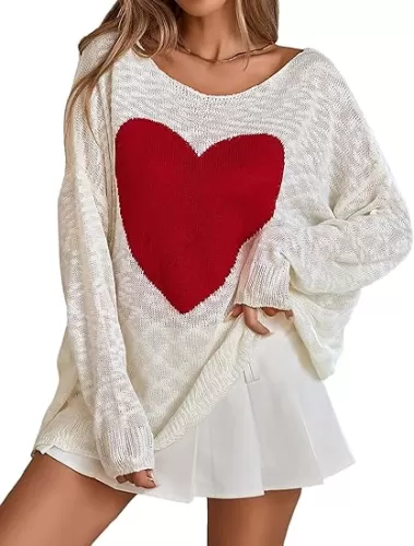 Womens Oversized Cute Heart Valentines Day Sweater Spring 2025 Trendy Sexy Off The Shoulder Sheer Long Tunic Tops