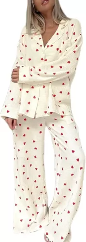 Womens Pajama Sets Cotton Pj Set Cute Heart Print Long Sleeve Button Down Shirt With Long Pants