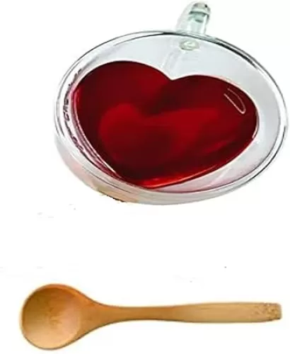 Xiaolanwelc@ Glass Tea Cup With Handle Heart Shaped Clear Double Wall Lovers Coffee Afternoon Tea Double Layer Glass Mug (240ml, clear)