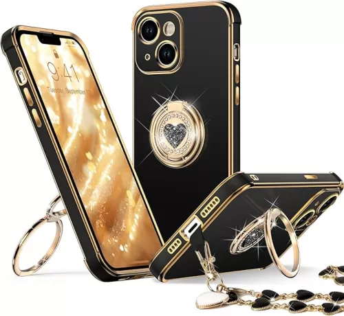 XYZ for iPhone 14 Case with Stand, Phone Case with Double Ring Kickstand, Women Girls Bling Luxury Protective Case Heart for iPhone 14, Pink