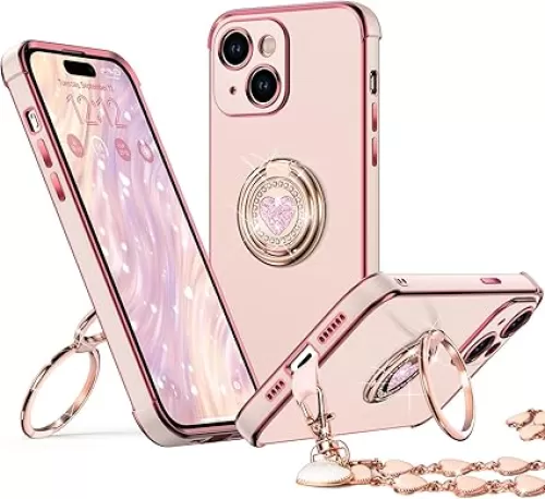XYZ for iPhone 15 Case with Stand, Phone Case with Double Ring Kickstand, Women Girls Bling Luxury Protective Case Heart for iPhone 15, Pink