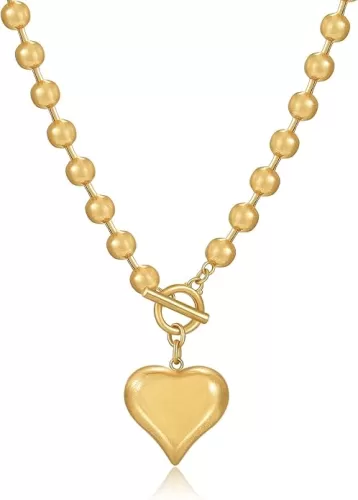 YUJIE Statement Matte Heart Pendant Necklace Vintage Brushed Gold Plated Puff Heart Choker Necklace Chunky Ball Chain Love Sweetheart