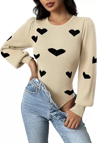 Zeagoo Women 2024 Long Puff Sleeve Sweater Fall Slim Fit Pullover Tops Crewneck Ribbed Knit Bodysuit Jumpsuit S-XXL