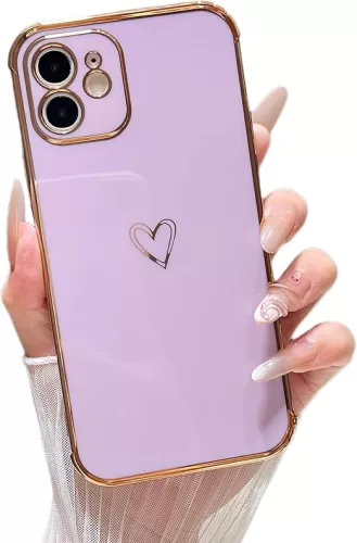 ZTOFERA Designed for iPhone 12 6.1 inch Case, Cute Plating Edge Love Hearts Pattern with Camera Lens Protection Phone Cover for Girls Women, Purple
