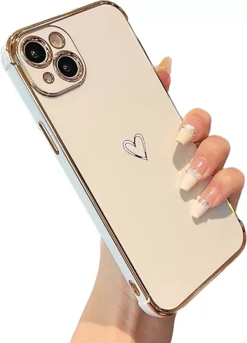 ZTOFERA Designed for iPhone 14 Case 6.1 inch, Cute Plating Edge Love Hearts Pattern with Camera Lens Protection Phone Case for Girls Women, White