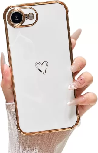 ZTOFERA Designed for iPhone 16E 6.1 inch Case, Cute Plating Edge Love Hearts Pattern with Camera Lens Protection Phone Cover for Girls Women, White
