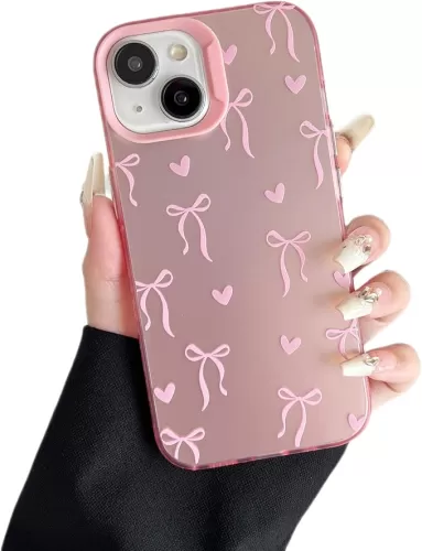 ZTOFERA for iPhone 15 Case, Cute Pink Ribbon Bow Tie Planet Star Floral Aesthetic Phone Case, Trendy Slim Hard IMD Shockproof Protective Bumper Phone Cover for Women Girls, Heart