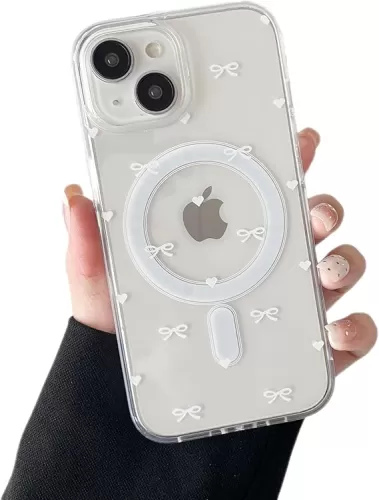 ZTOFERA for iPhone 15 Magnetic Case Clear, Cute Love Heart Ribbon Bow Tie Aesthetic Phone Case, Transparent Trendy Slim Soft Shockproof Protective Phone Cover for Women Girls, White