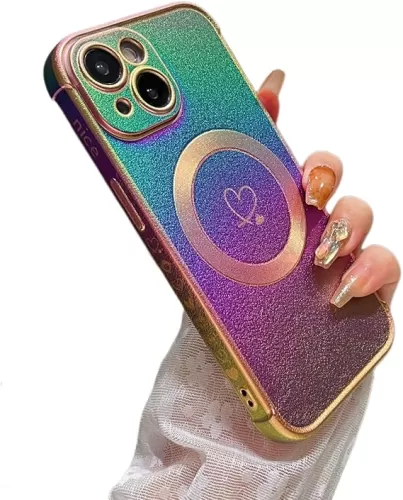 ZTOFERA Magnetic Case for iPhone 14 6.1", Cute Luxruy Iridescent Case with Love Hearts Pattern, Plating Edge Camera Lens Protection Shockproof Phone Cover for Women Girls, Violet