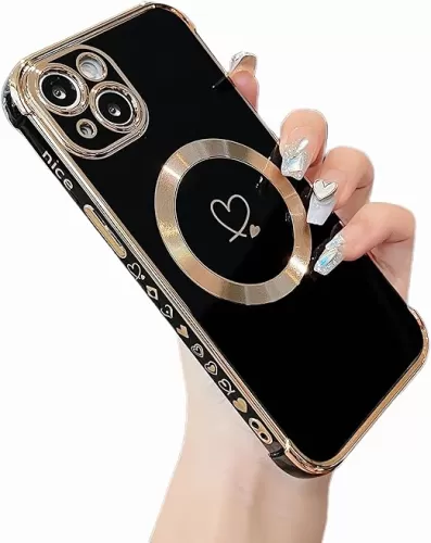 ZTOFERA Magnetic Case for iPhone 15, 6.1 inch - Cute Hearts Pattern Case with Camera Protection, Soft Shockproof TPU Bumper Cover for Women, Black