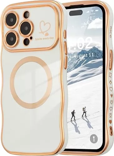 ZTOFERA Magnetic Case for iPhone 15 Pro Max 6.7", Cute Curly Wave Frame Case with Love Heart Pattern, Luxury Plating Edge Full Camera Protection Shockproof Phone Case for Women Girls, White