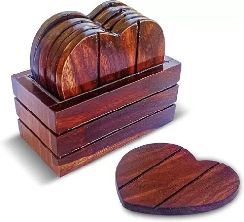 | Wooden Heart Shaped Coasters Set of 6 | with Gray Storage Stand (Home) | Perfect for Coffee, Tea, Mugs, Cups, Wine Glasses | Heart Shape (Walnut (Set of 6 Coasters))
