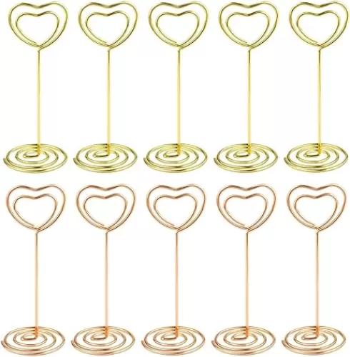 10 Pcs Heart Shaped Table Number Stand and Place Card Holder - Mini Wire Picture Photo Clips for Centerpieces, Wedding Party, Memo, Menu Stands (Gold + Rose Gold)