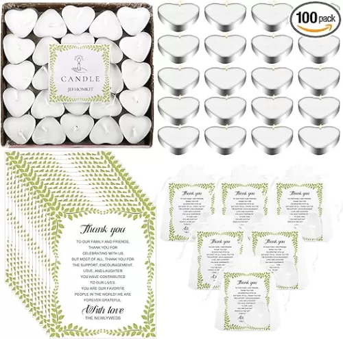 100 Set Wedding Favors - Heart Shaped Tealight Candles and Thank You Cards with Organza Bags