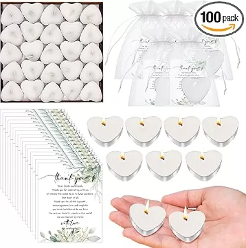 100 Sets Wedding Candle Favors for Guests Heart Shaped Mini Lights Set Gifts Include Thank You Cards and Organza Bags Bridal Shower Wedding Party Supplies