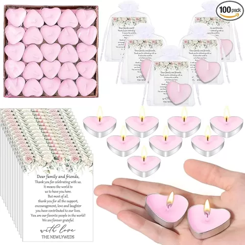 100 Sets Wedding Gifts: 100 Heart Shaped Candles, Mini Candles, Thank You Cards & Organza Bags (Love, Pink)