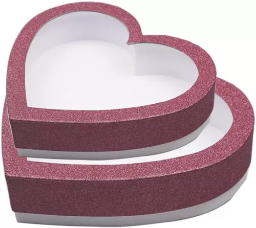 10"Cardboard Heart Shaped Mache Flowers Packaging Strawberries Sweets Gift Box with Transparent Window Set of 2(L/M) (Pink)