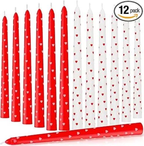 12 Pcs Valentine Taper Candles 10 Inch Tall Unscented Heart Candles Stick Valentine Gifts Holiday Decor for Dinner, Party, Wedding, Anniversary(Red, White, Heart)