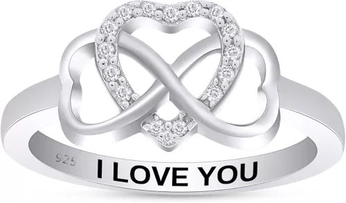 1/20 Carat Round Cut White Natural Diamond "I Love You" Double Heart Infinity Promise Ring In 14K Gold Over Sterling Silver Jewelry For Women(Color- I-J, Clarity- I2-I3, 0.05 Cttw)