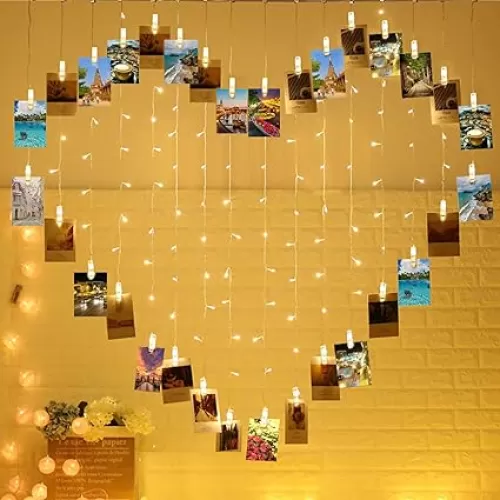 124 Lights Heart Shape Picture Clip String Lights, 32 Clip Lights and 92 LED Lights, Sweet Ambience Decoration for Bedroom Livingroom Birthday/Wedding Photoes Show, Balloon Decoration, Warm White