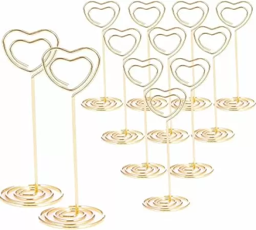 12pcs Gold Heart-Shaped Table Number Holders - 3.35 Inch Place Card Stands for Centerpieces, Wedding, Party, Birthday - Photo Picture Holders