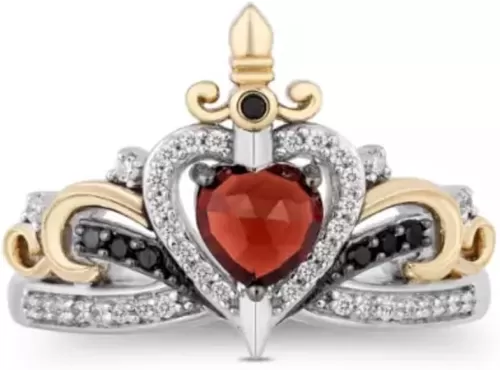 14K Two-Tone Gold Finish Heart Cut Red Garnet & Diamond Evil Queen Halo Engagement Wedding Ring for Women's