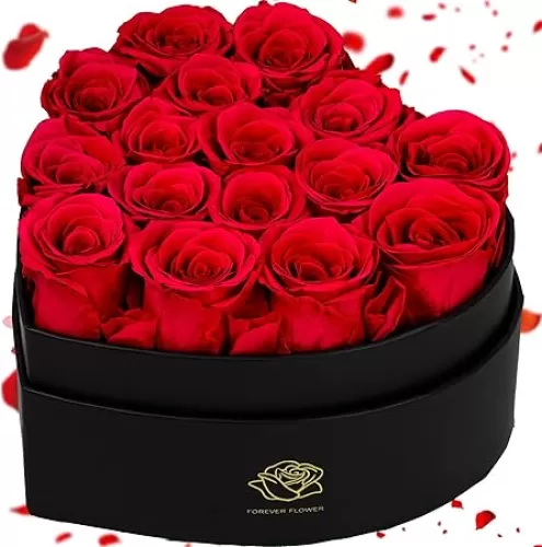 16-Piece Forever Flowers Heart-Shaped Box – Real Immortal Preserved Roses Lasting a Year, Perfect for Birthday, Girlfriend, Mother, or Wife, Valentine Day Gift for Her - Red