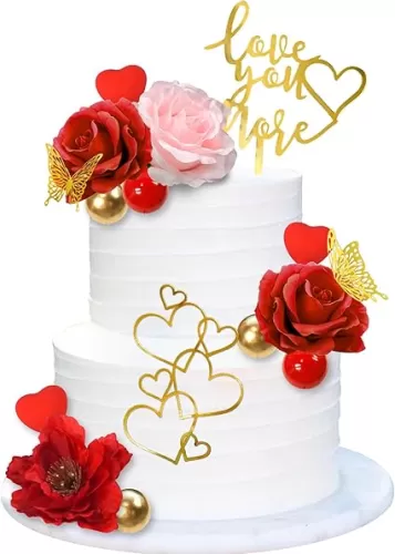 18 PCS Red Flower Cake Toppers Romantic Rose Flower Heart Cake Decorations for Valentine