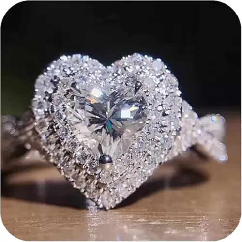 18K White Gold Plated 925 Silver 5A Heart Zircon Stone 925 Silver Engagement Wedding Band Ring for Women Luxury Micro Inlaid Heart-Shaped Simulation Diamond Ring