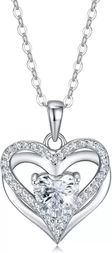 1CT Double Heart Moissanite Necklace for Women 18K White Gold Plated Jewelry for Mother Love Friend Mother’s Day Birthday Gift for Her 18inch