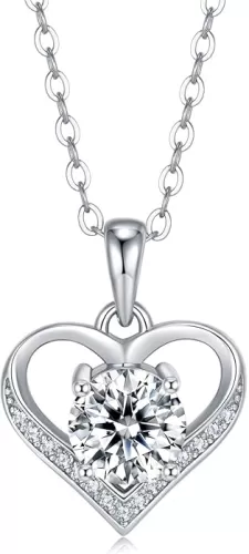 1CT Heart Brilliant Moissanite Heart Pendant Necklace S925 18K White Gold Plated for Mother Love Friend Mother’s Day Birthday Gift for Her 18inch