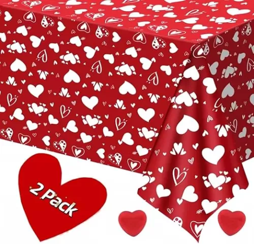 2 Pack Valentines Tablecloth - Red Heart Valentines Table Cloth, Plastic Disposable Rectangle Valentine Table Cover for Valentine