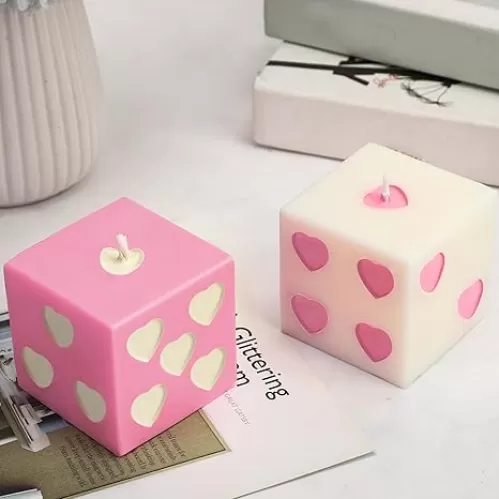 2 Pcs Heart Dice Candles 4 x 2.4 x 2.4 Inch Soy Wax Decorative Candles Aesthetic Dice Decor Handmade Danish Pastel Room Decor(White, Pink)