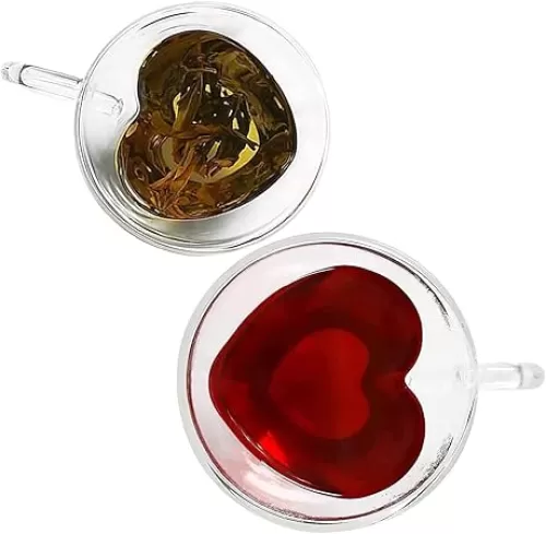 2 Pcs/Set Heart Shaped Double Wall Insulated Glass Milk Lemon Juice Cup Tea Cups Lover Coffee Mug Drinkware for Home Party Birthday Gifts