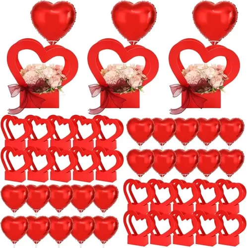 20 Sets Mother's Day Heart Shaped Flowers Boxes Flower Gift Bag with Heart Foil Balloon 2 Ribbon Red Paper Bouquet Florist Wrap Box with Handle for Wedding Birthday Party Floral Packaging