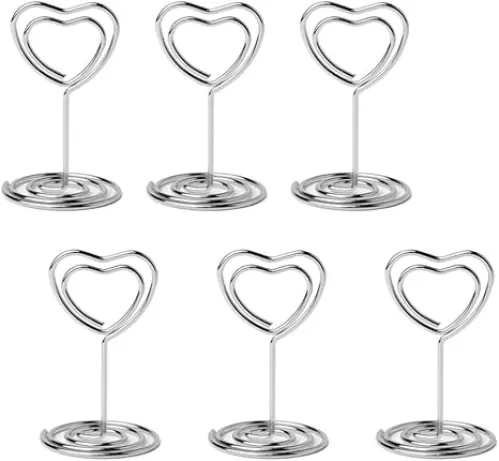 20pcs Mini Place Card Holder, Table Number Holders, Table Card Holders, Table Number Stands, Wire Table Picture Photo Holder Menu Memo Clips for Wedding Favors with Heart Shaped (Silver)