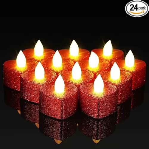 24 Pcs Valentine Candles Heart Shaped Glitter Tealights Romantic LED Tea Lights Candle Battery Operated for Valentine's Day Marriage Proposal Wedding Anniversary Celebration Decor(Red)