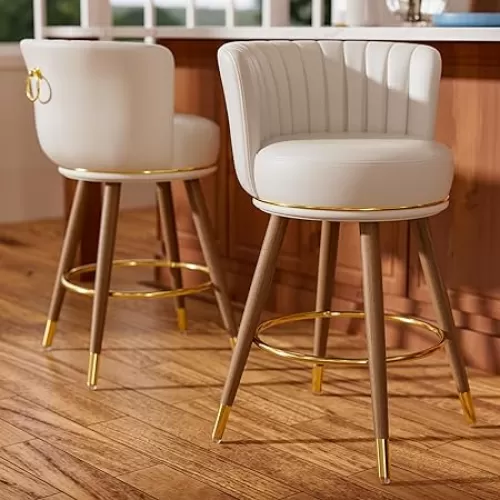 24" Swivel Bar Stools Set of 2, Counter Height BarStools with Back, Leather Swivel Kitchen Stools with Wood Legs and Footrest, Upholstered Pub White Bar Chairs Kitchen Island