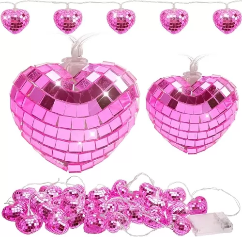 24 Valentine’s Day Disco Ball String Lights LED Love-Heart Mirror Disco Ball Ornaments Bachelorette Party Supplies Mini Disco Ball Tree Ornament Disco Ball with String (Pink)