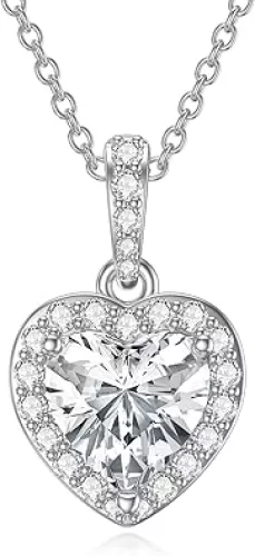 2CT Moissanite Heart Necklace for Women, 18K White Gold Plated Silver Halo Heart Diamond Pendant Necklace Birthday Anniversary Jewelry Mothers Day Gifts for Mom Her Wife Girlfriend, 16+2"