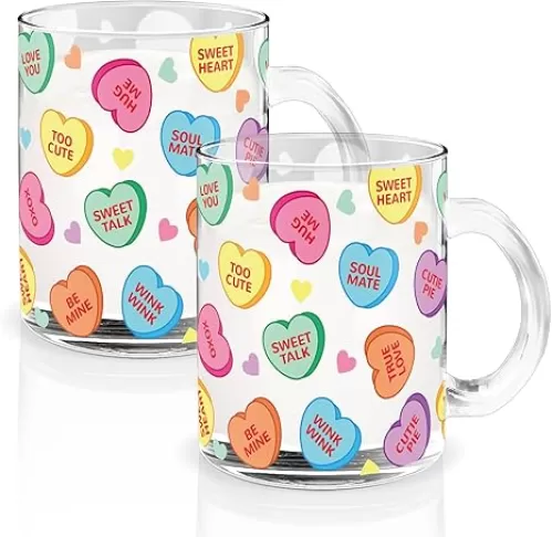 2Pcs Valentine Glass Coffee Mugs with Handle 12oz Colorful Conversation Heart Coffee Cups Beverage Drinking Glasses for Wedding Birthday Home Decor