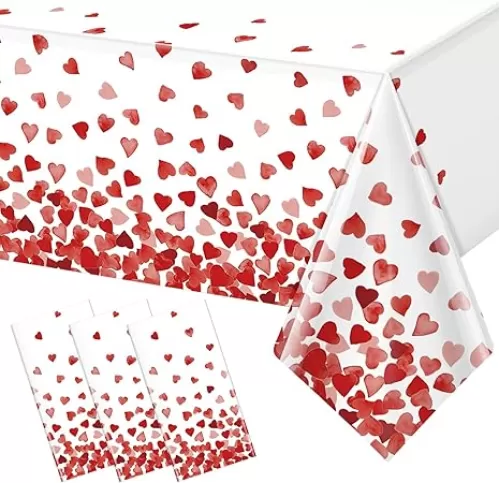 3 Pack 54 X 108in Valentines Tablecloth Disposable Plastic Love Heart Table Cloth Rectangle Table Cover for Galentines Day Wedding Engagement Valentine