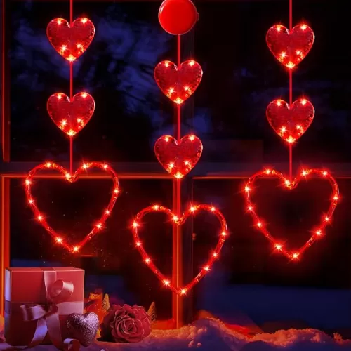 3 Pack Valentines Day Window Lights Decorations with Timer, Battery Powered Hanging Red Lighted Heart Shaped Silhouette Sucker LED Lamp for 2025 Holiday Fireplace Indoor Home Decor