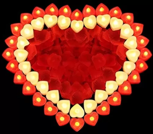3000 Pieces Artificial Rose Petals with 36 Pcs Heart Shaped LED Candles, Flameless Love LED Tea Lights Candles, Rose Petals for Romantic Night, Heart Shaped Candles for Wedding Valentines Decor