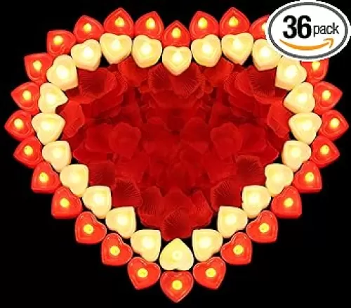 3000 Pieces Artificial Rose Petals with 36Pcs Heart Shaped LED Candles, Rose Petals for Romantic Night, Flameless Love LED Tea Lights Candles for Romantic Night Valentine