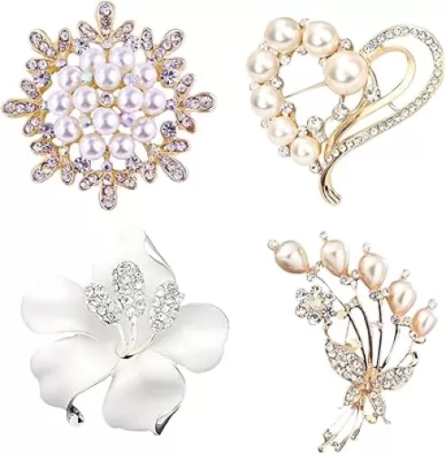 4 pcs Brooch Pin for Women Gold Plated Simulated Crystal Pearl Flowers Brooch with Created Crystal Heart Shape Brooches and Pins for Elegant women Coats Jackets Sweaters Accessories